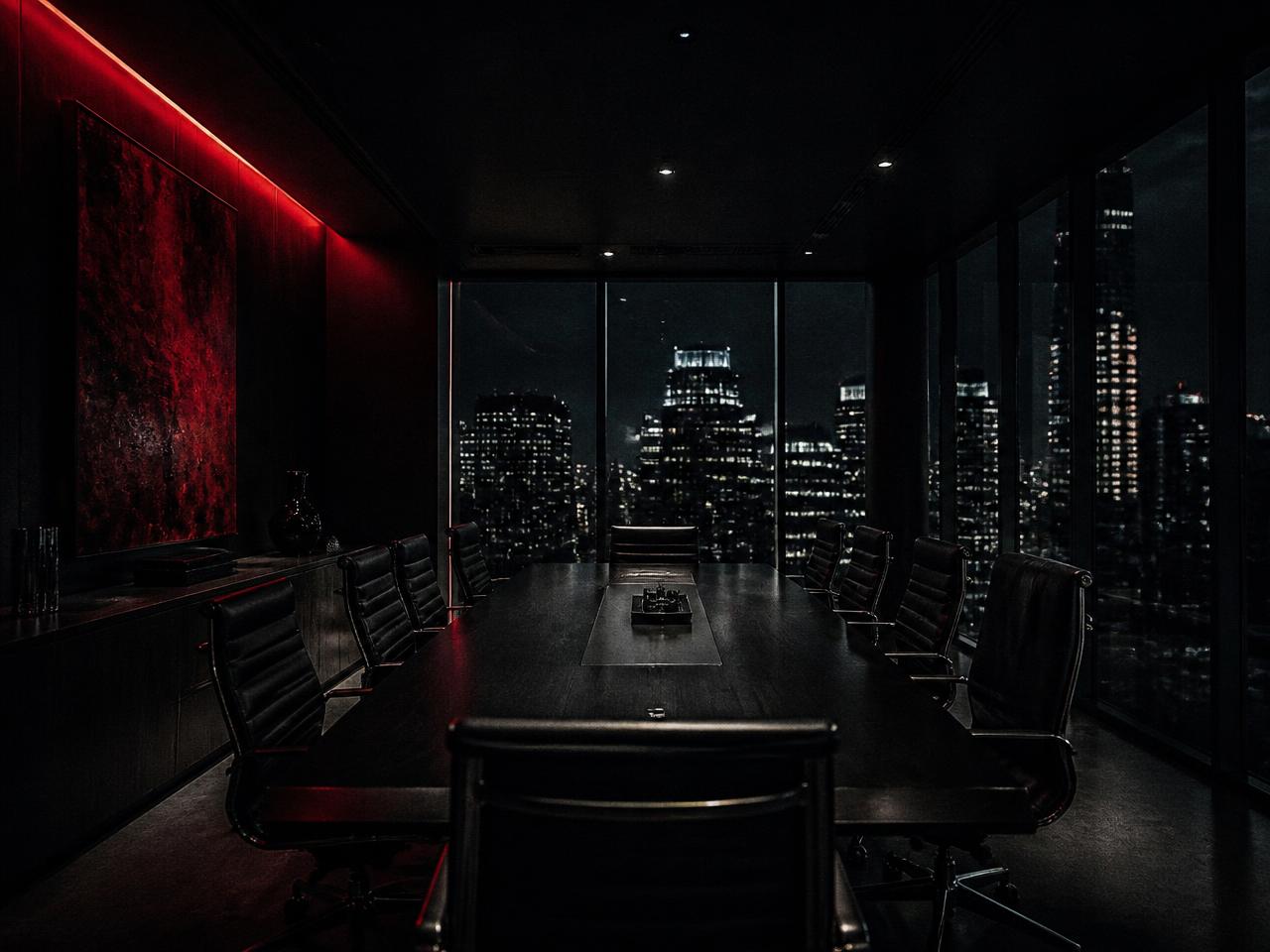 Empty executive boardroom at night overlooking a city skyline